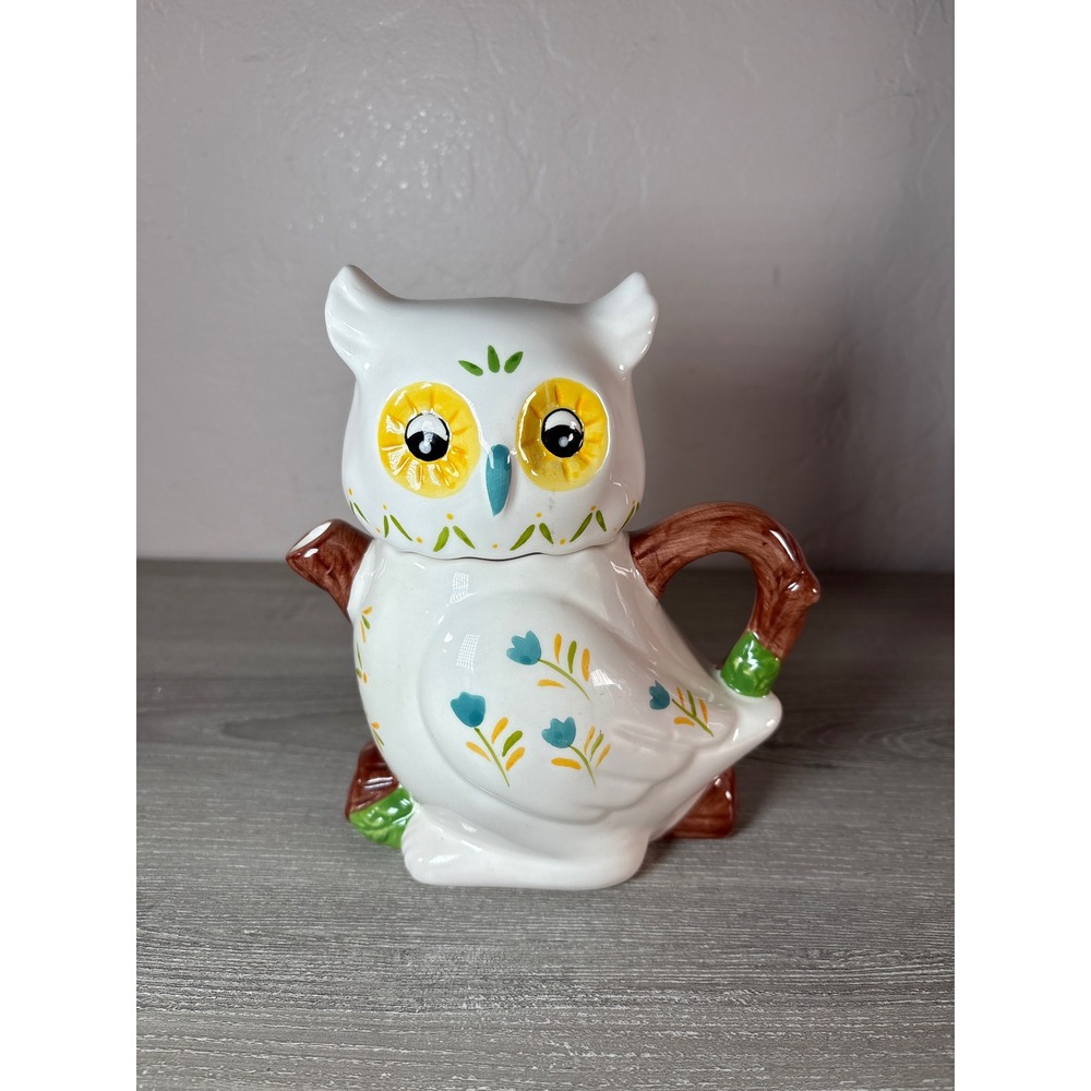 Cracker Barrel Ceramic Owl Teapot White Floral Woodland Tree Branch Handle 6.5"